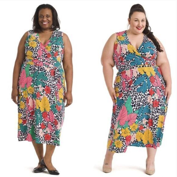 Leota Wild Tropics Justine Sleeveless Faux Wrap Dress, 1X‎ - Picture 1 of 16